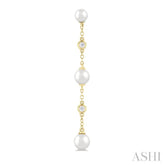 4 MM, 5 MM & 6 MM Round Shape Cultured Pearls and 1/10 Ctw Round Cut Diamond Station Long Earring in 14K Yellow Gold